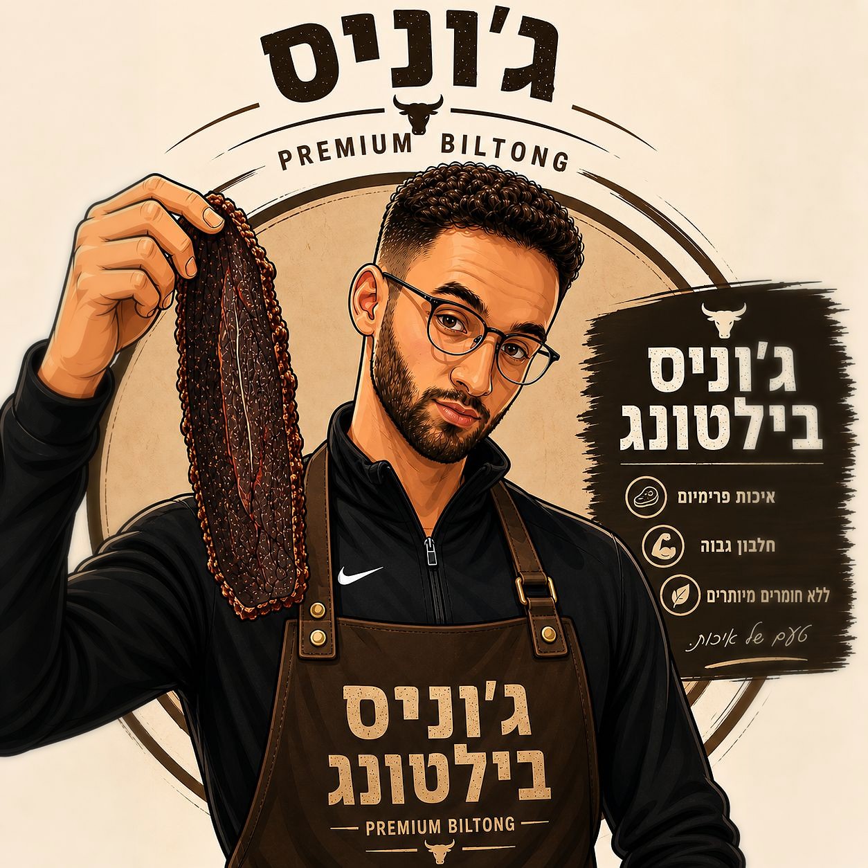 פורטרט מותגי של ג'וניס בילטונג בעיצוב כהה עם נגיעות ברונזה