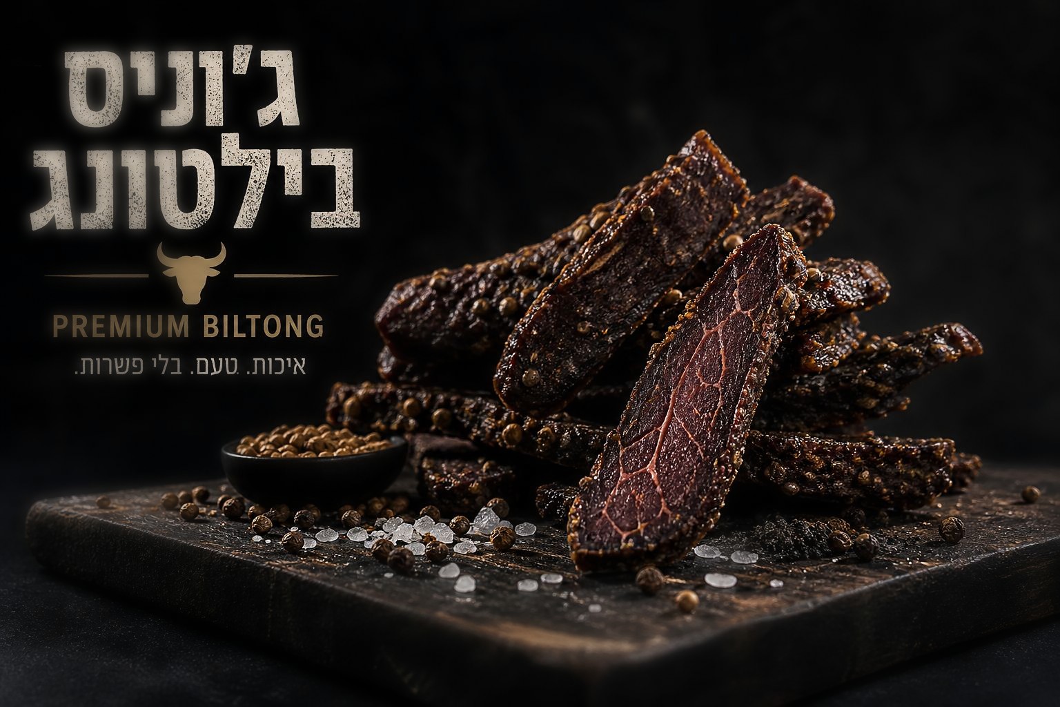 פרוסות בילטונג של ג'וניס מסודרות על קרש עץ כהה לצד גרגרי מלח ופלפל גרוס